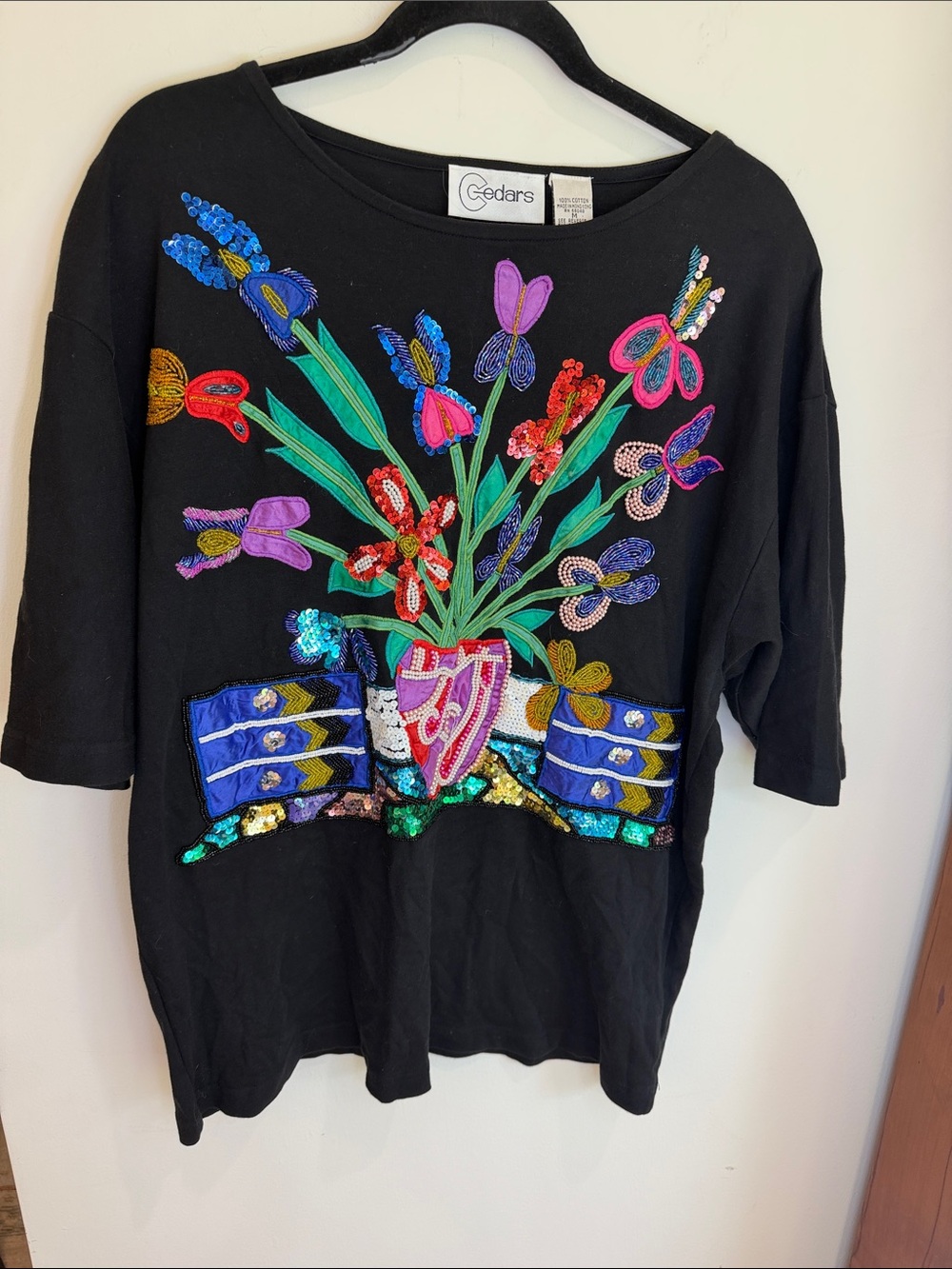 Cedars 80s/90s Black Friday night Embroidered & Sequin Floral Tee, M